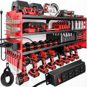 POKIPO Large Power Tool Organizer Wall Mount with Charging Station,4 Layer Heavy Duty Metal Tool Storage Shelf Loads 600lbs,Battery Utility Rack With 4 Outlet Power Strip with 8 Cordless Drill Holder (Red)