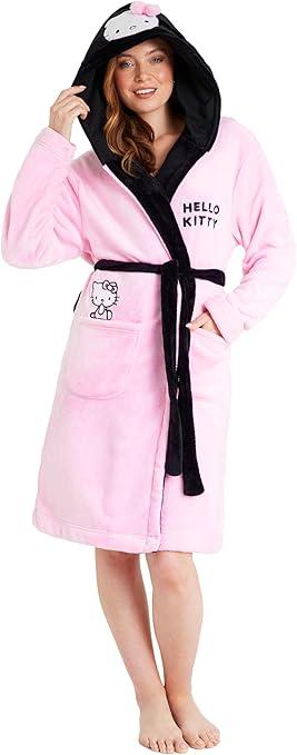 Hello Kitty Women Robe, Fleece Dressing Gown with Hood, Pockets – Gifts for Her (Pink/ Black, XS)