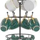 Visentor Rotatable Metal Coffee Mug Rack - 3 Tier Holder with 10 Hooks, Cup Pods & Saucer Basket for Bar Kitchen Counter - Black