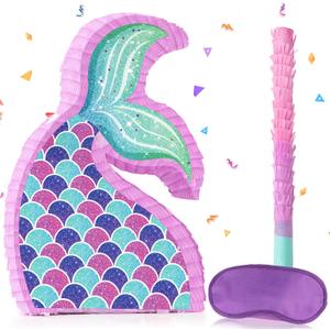 Hooqict Mermaid Tail Pinata with Pinata Stick & Blindfold for Girls Mermaid Party Games Decorations Under the Sea Ocean Themed Birthday Party Supplies