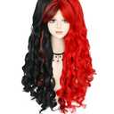 JoneTing Red and Black Wigs+ Hair Cap Red Black Ponytail Wig Curly Red and Black Pigtails Wig for Halloween Costume Red Black Clown Wigs Party Christmas Long Curly Hair for Cosers (Average)