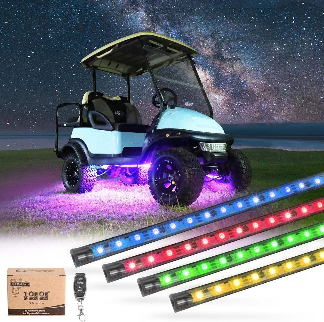 10L0L 4PCS Golf Cart Underglow LED Lights Kit for EZGO Yamaha Club Car, RGB Neon Accent Lighting 24 Modes with Wireless Remote & Music Sync, Waterproof Flexible Tubes 12V-80V Universal Fit (4 Pack (No Canopy Lights))