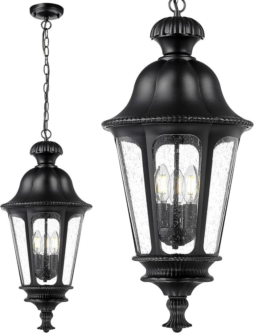 Outdoor Pendant Lights for Porch, HWH 26'' Large Exterior Hanging Light Fixtures with Seeded Glass, Outdoor Hanging Chandelier for Porch Patio Gazebo Hallway, Matte Black Finish, 5HW90H-L BK