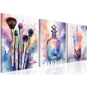 Framed Teen Girls Bedroom Wall Art Set of 3, Colorful Fashion Makeup Brush Perfume Pictures Wall Decor Paintings, Watercolor Drink Prints Aesthetic Home Decor for Living Room Bathroom Dorm 16x24 inch, 24L" x 16W"