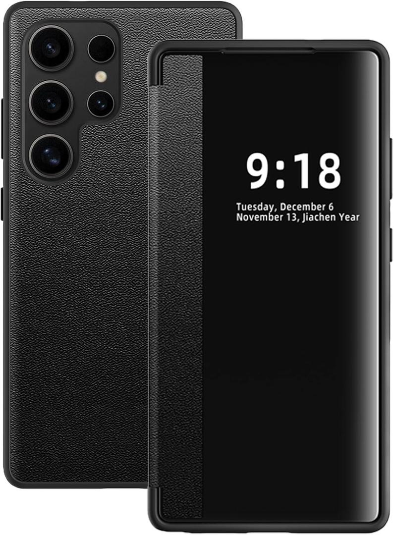 S25 Ultra Flip Case for Samsung Galaxy S25 Ultra 5G Case, Clear View Slim PU Leather Shockproof Cover for Samsung S25 Ultra Phone Case Rugged Hard PC Silicone 360 Anti-Scratch Protective Case (Black)