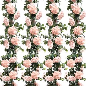 Riceshoot 4 Pack 26 ft Artificial Eucalyptus Vines Garland with Flowers Fake Floral Flower Garland Rose Wreath for Wedding Party Arch Table Decor Backdrop Decorations(Light Pink)