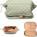 Abiudeng Large Capacity Makeup Bag Ladies Cosmetic Bag Travel Bag with Compartments Portable PU Leather Travel Makeup Bag with Handle (Checkerboard-Green)