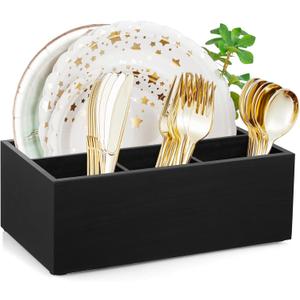 DRASTAR Paper Plate Dispenser, Wooden Utensil Caddy Organizer, Large Silverware Holder for Party, Black Paper Plate Organizer, Kitchen Utensil Caddy for Party Picnic Camping