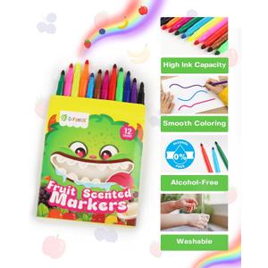 D-FantiX Fruit Scented Washable Markers for Kids Toddlers, 12 Count Coloring Markers, Bulk Art Supplies, Back to School Supplies, Gifts for Party Favors, Classroom Prizes, Donations