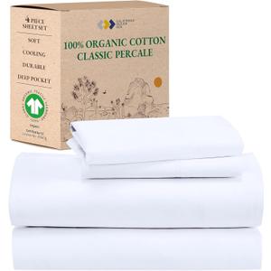 California Design Den King Size Sheets Set - Soft 100% Organic Cotton, Crisp Percale Sheets with Deep Pockets, Breathable and Durable Bedding Set - White (Bright White)
