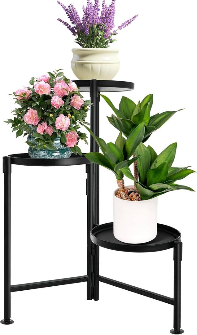 3 Tier Plant Stand Indoor, Metal Plant Shelf Outdoor, Foldable Corner Tall Plant Rack for Multiple Plants, Flower Pot Holder Display Stand for Living Room Patio Home Decor for Gardening (Black)