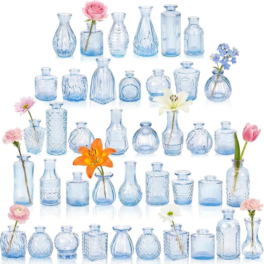 Glass Bud Vases in Bulk Set of 40, Blue Small Mini Vases for Flowers, Vintage Vase for Centepiece,Wedding, Table Decor, Baby Shower, Christmas, Home and Events