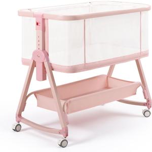 Baby Bedside Sleeper Bassinet, Bassinet Storage Basket and Wheels, Pink, Crib