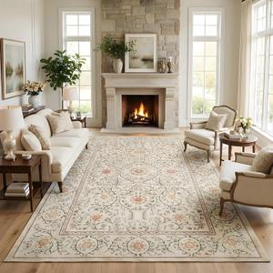 GarveeHome Boho 5x7 Area Rug for Bedroom, Floral Vintage Rugs for Living Room with Soft Low Pile, Non Slip Botanical Washable Rugs 5x7 for Dining Room Camel Carpet for Entryway Dorm Office Playroom