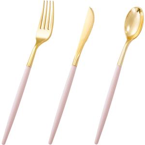 I00000 60 Pack Pink Plastic Silverware,Gold Disposable Flatware with Pink Handle, Gold Plastic Cutlery Set Includes: 20 Forks, 20 Knives and 20 Spoons, Tableware Set for Party and Wedding