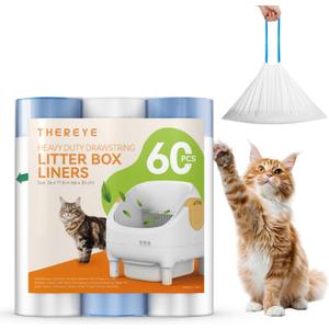 Thereye Cat Litter Bags, 60 Counts Drawstring Replaceable Litter Box Liners for SC06/SC07/SC08 Automatic Cat Litter Box, Thick Heavy-Duty, Large-Capacity, 26"x 11.8"