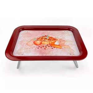 Metal Tray with Foldable Legs, TV Lap Bed Tray 17x12 inches, Modern Design Metal Serving Tray Tables for Kids, Bread Pattern, Brownish Red