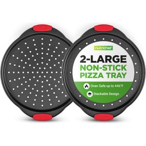 NutriChef 2-Piece 13-Inch Nonstick Pizza Tray, Round Carbon Steel Non-Stick Pizza Pan with Perforated Holes, Premium Bakeware Pizza Screen with Silicone Grip Handles, Dishwasher Safe, NCBPIZX2