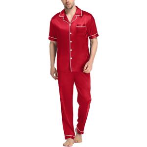 SWOMOG Mens Satin Pajama Set Short Sleeve Classic Sleepwear Button Down Silky Loungewear with Long Pants (XX-Large, Red)