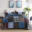 NEWLAKE Quilt Set King Size, Cotton Patchwork Blue Black Checkered Patterns Quilt Sets, Reversible Bedspread Lightweight and Breathable for All Seasons, Soft Quilted Bedspread with 2 Pillow Shams