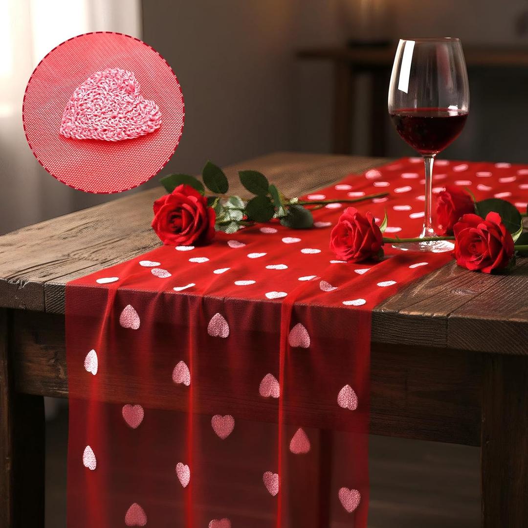 Boao Embroidery Valentines Day Table Runner 30 x 118 Inch Lace Gauze Love Heart Table Decor for Wedding Party Valentines Decorations Anniversary Mother's Day Home Party(Pink Heart)