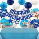 Blue Happy Birthday Banner Decorations with Tablecloth, Pom Poms, Stars Swirl Streamers for Boys Women Girls Birthday Party Decorations