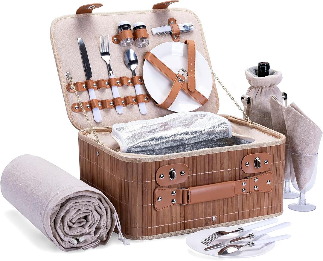 Picnic Basket Set for 2 with Waterproof Blanket Insulated Pouch Hamper with Cutlery for Two Persons, Family,Couple,Camping,Outdoor,Wedding Gift, Birthday