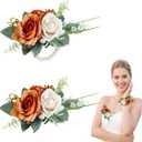 Caramel Corsage and Boutonniere Set for Bride Groom, Artificial Rose Flower Wrist Corsage Bracelets Homecoming Flowers Prom Suit Accessories Boutonniere for Wedding Prom Party Decorations