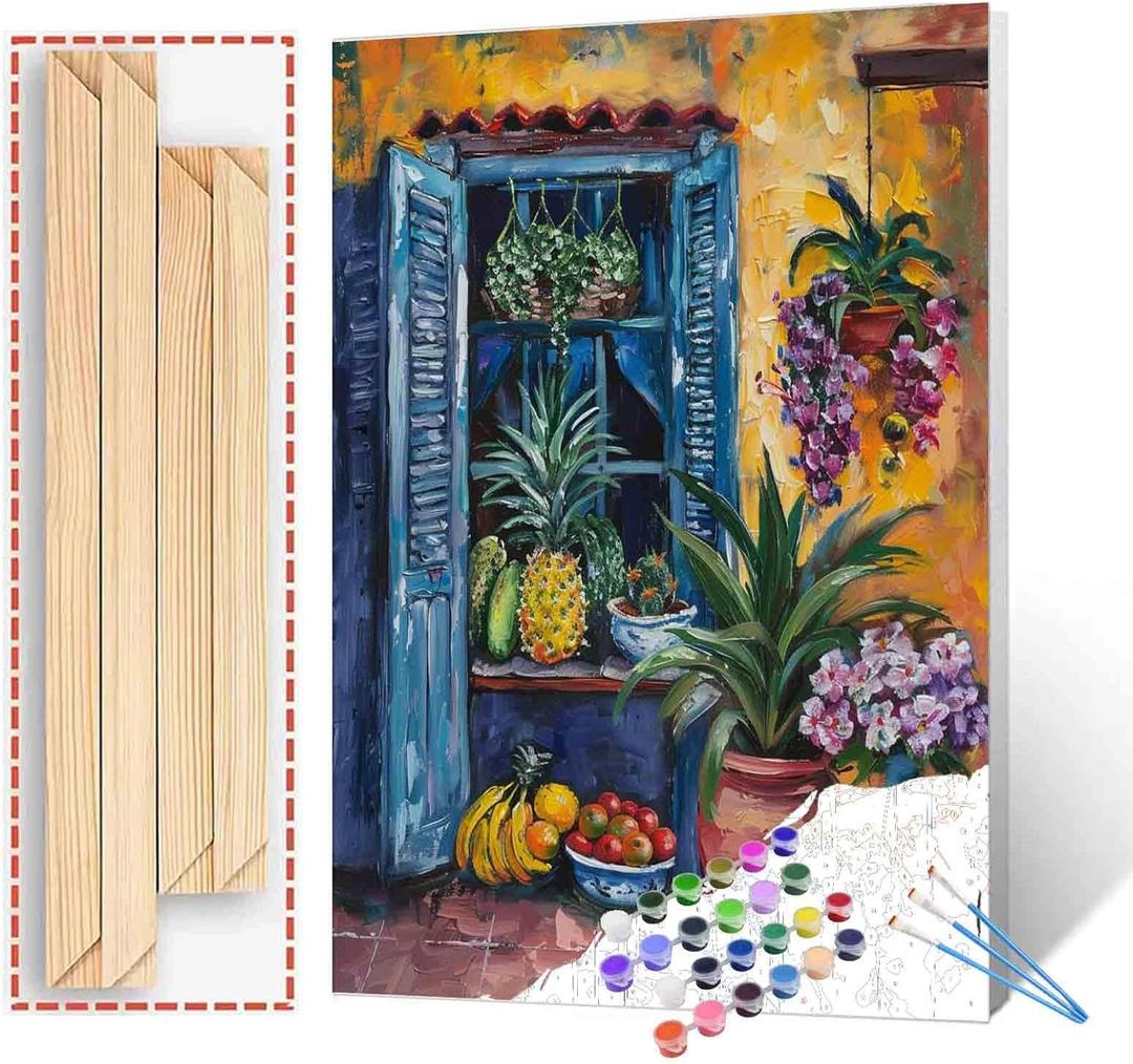 Tropical Fruit Shop Painting Wildflowers,Green Plants Paint by Number Kits 16 x 20 inch Canvas DIY Pineapple and Banana Oil Acrylic Art for Adults Beginner with Brushes Home Decor Boho Gift(DIY Frame)