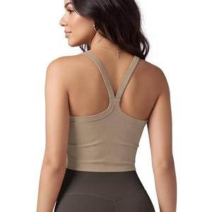 ODODOS Women's Seamless Crop Cami Wide Scoop Neck Ribbed Soft Open Racerback Cropped Tank, Small