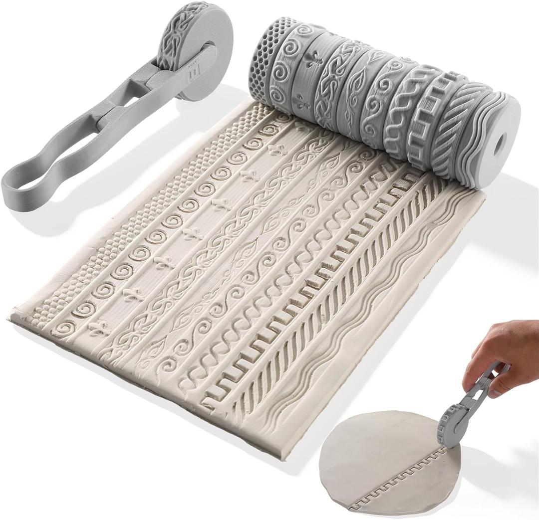 Conderyang 10Pcs 3D Printed Clay Texture Roller Clay Roller with Handle Texture Wheel Set Handheld Pottery Rollers Polymer Tools for Artists Ceramics Art Creation Ceramic Modeling DIY (Light Gray)