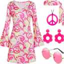 60s 70s Disco Outfit Hippie Costume Women, 1970 Style Clothes Dress Peace Sign Accessories Jewelry Halloween (Medium, Pink)