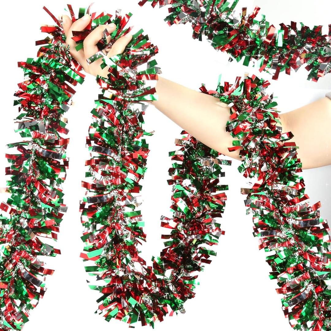 50ft Metallic Tinsel Twist Garland - Christmas Tree Hanging Decorations (Red, Green & Silver) for Indoor & Outdoor Use