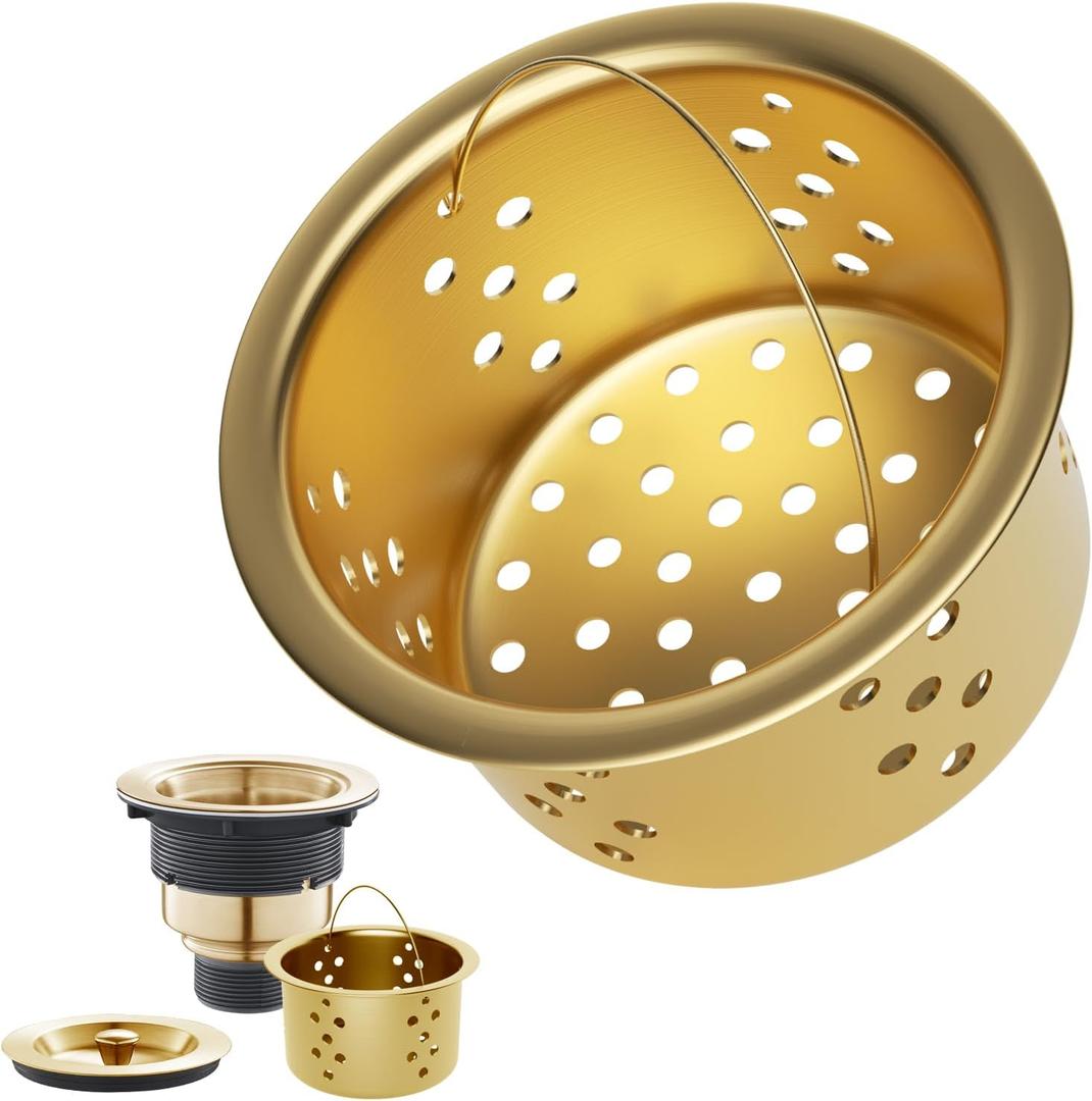 POPFLY SUS 304 Stainless Steel Deep Sink Strainer Basket  Fits Standard 3-1/2" Kitchen Drains, 2.5" Replacement Option  Removable Drain Basket with Handle for Easy Food Debris Cleaning, Gold