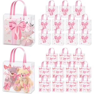 FACULX Pink Bow Clear Gift Bags with Handles, Reusable Frosted Plastic Gift Bag Pink Coquette Bowknot Party Favor Bags for Party Baby Shower Wedding Birthday (24)