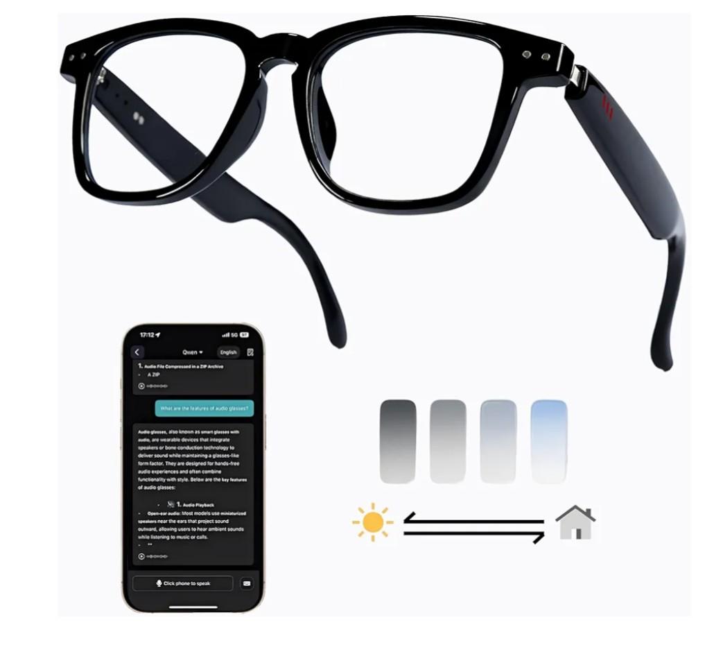 AI Smart Wireless Bluetooth Translation Glasses for Men/Women with Speakers/Bluetooth&140+ Languages Translation Sports/Travel/Drive/Busniess (C1+AI+Color Change Lenses+Black)