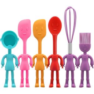 Human Shaped Kitchen Utensils Set 6 Piece Non Stick Heat Resistant Baking Tools Kitchen Gadgets Silicone Cute Utensils with Comfortable Grip Handle, Dishwasher Easy Clean and Stand up Kitchenware