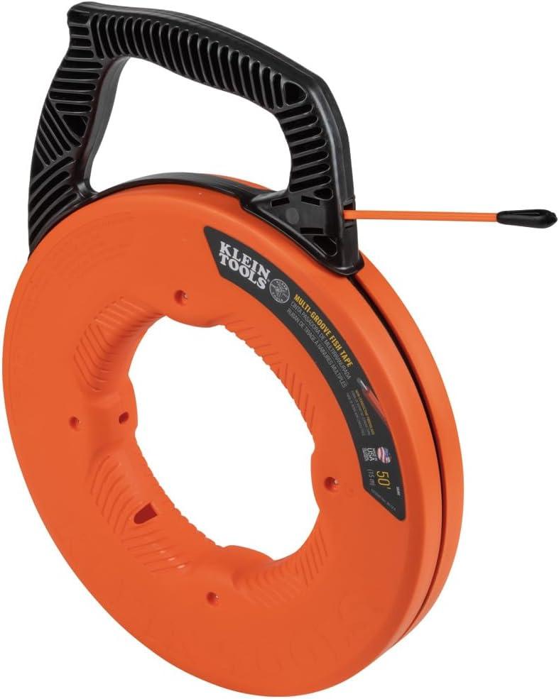 Klein Tools 56382 Non-Conductive Fiberglass Fish Tape, Multi-Groove Wire Puller, Optimized Housing and Handle, 50-Foot x 3/16-Inch