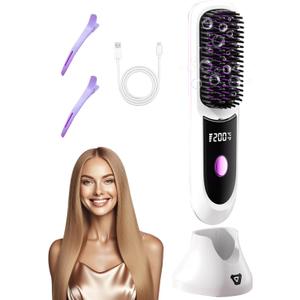 Go Brush Pro Hair Straightener – Cordless Comb with Base Negative Ion, 6000mAh Fast Heating & Portable Travel Design, Rechargeable Brush for Straightening and Curling (White-1Pcs)