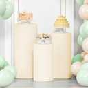 LEBENGURU 3Pcs Cylinder Pedestal Stand Covers Beige, Round Spandex Display Pedestal Covers, Elastic Cloth Plinth Pillar Cover for Parties Wedding Birthday Event Decor Props (Only Covers)