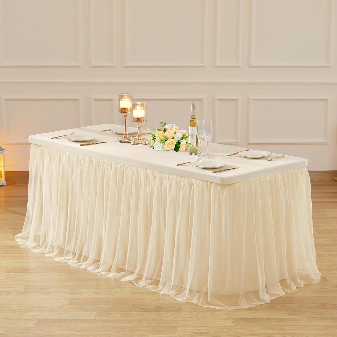 Suppromo 8ft Champagne Tulle Tablecloths for Rectangle Tables 8 Foot Stretch Rectangular Table Cloths Wrinkle Free Table Cover with Tutu Skirt for Wedding Birthday Party Banquet Buffet Cake Event, 96" x 30"