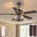 Farmhouse Ceiling Fans with Lights and Remote, 48 Inch Indoor Chandelier Ceiling Fan with Light, Crystal Fandelier Ceiling Fans for Living Dining Room Bedroom, Wood Blades, Quiet, Black