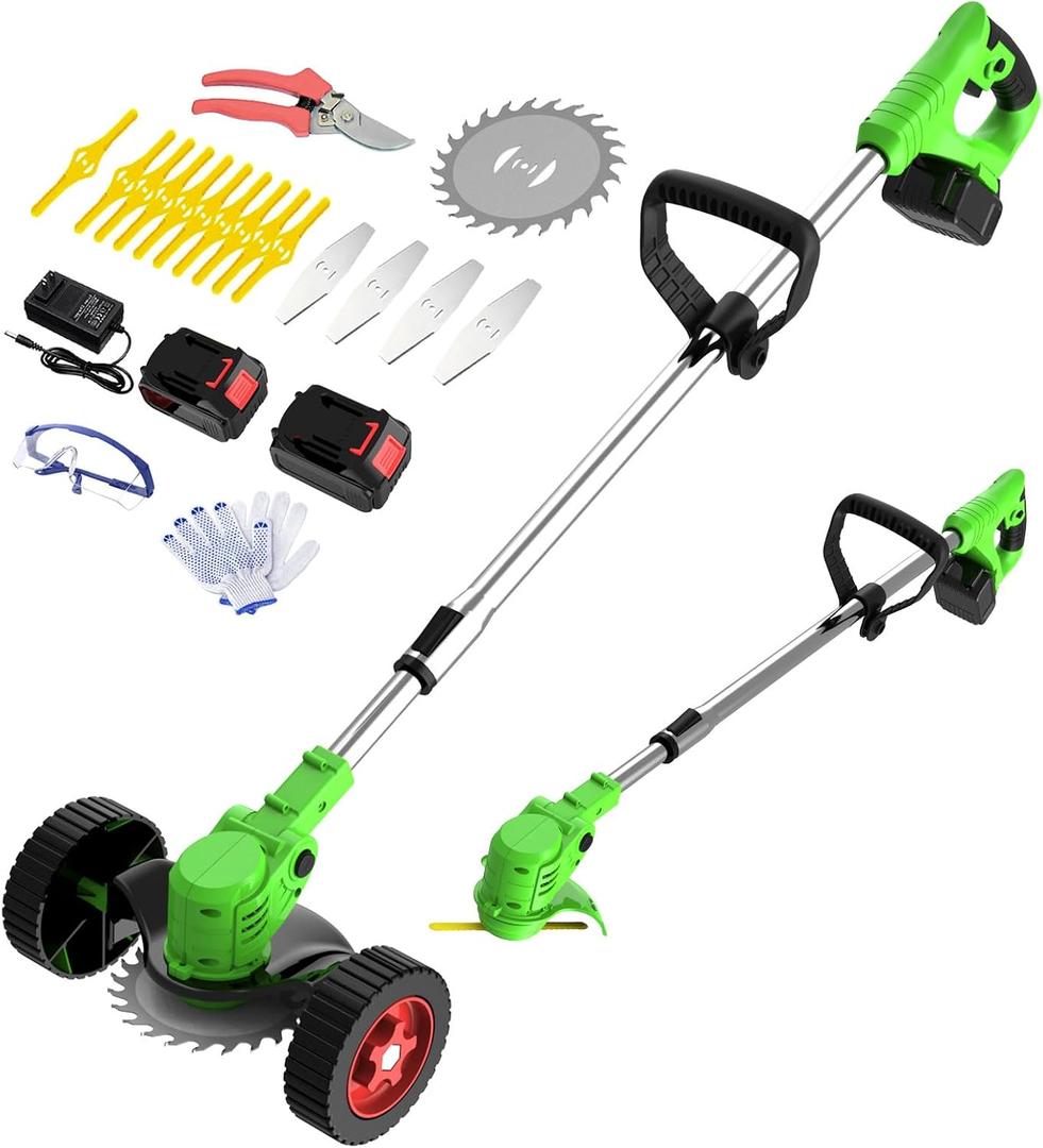 Electric Weed Wacker Cordless Weed Trimmer Eater Battery Powered with 2 Battery Operated & Charger & Wheels & Shears, Lightweight 3 in 1 Grass Trimmer/Brush Cutter/Lawn Edger for Lawn, Garden
