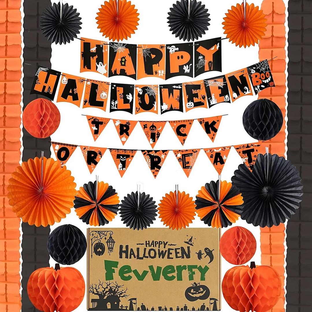 Reusable Halloween Decorations Indoor Paper Halloween Party Banner Garland Hanging Decorations with Gift Box Plastic-Free