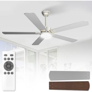 52 Inch Ceiling Fan with Light and Remote, Mid-Century Modern Fan Light for Living Room, Brushed Nickel Ceiling Fans with LED Lights, 3CCT, Indoor Outdoor Farmhouse Ceiling Fan for Bedroom, Silver (52in)