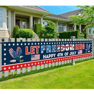 Ufocusmi 4th of July Decorations Let Freedom Ring Banner, Red White and Blue Happy 4th of July Yard Sign, Patriotic Party Decor 9.8 x 1.6 ft, Set of 2
