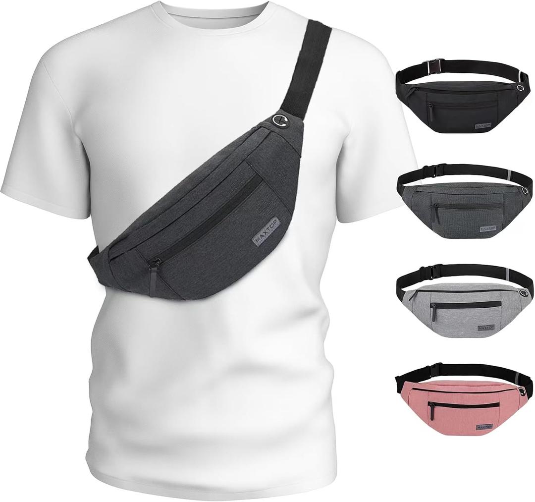 MAXTOP Large Crossbody Fanny Pack with 4-Zipper Pockets,Gifts for Enjoy Sports Festival Workout Traveling Running Casual Hands-Free Wallets Waist Pack Phone Bag Carrying All Phones (Dark Grey), Large