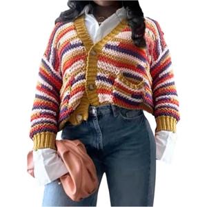 RoseSeek Women's Striped Color Block Sweaters Button Down Long Sleeve Cardigans Crop Tops (S)