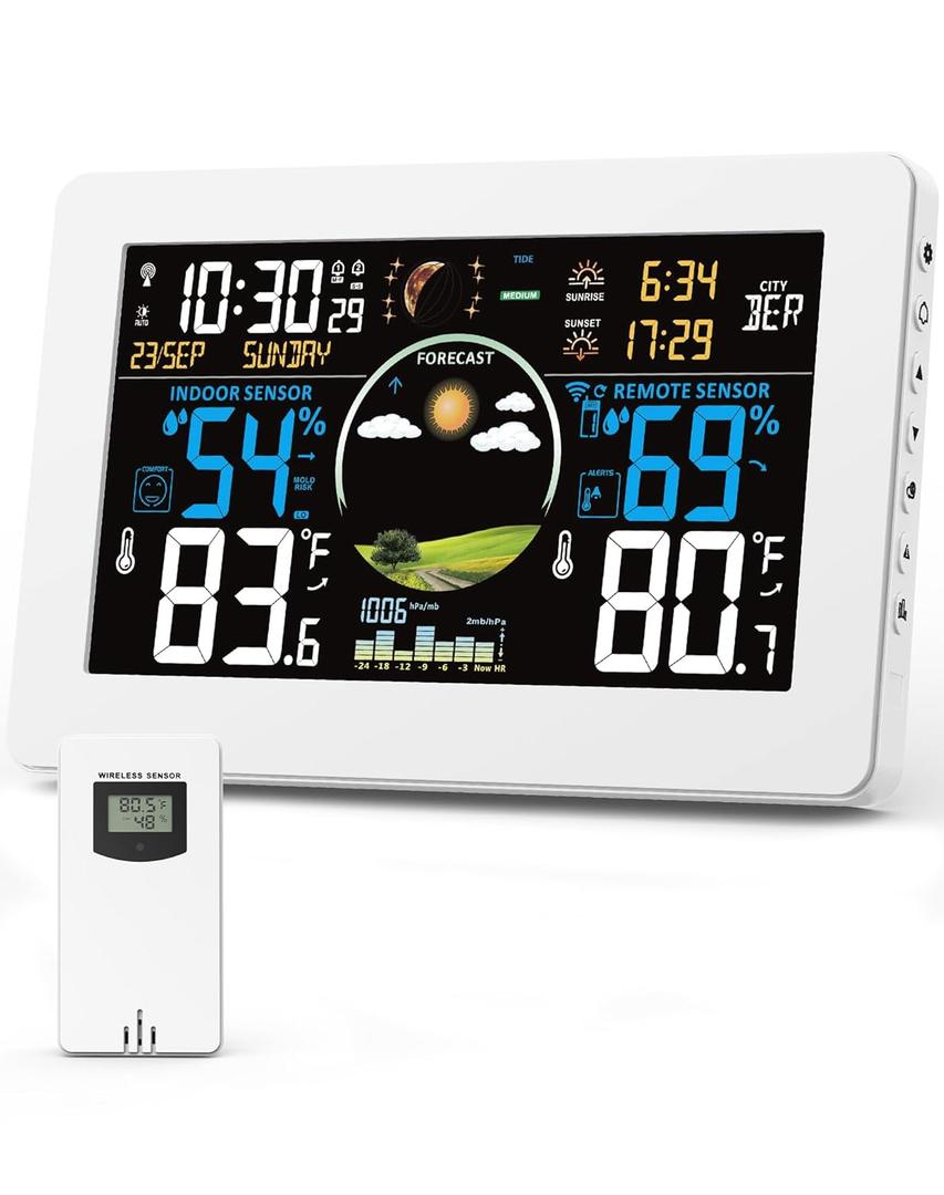 Weather Station Wireless Indoor Outdoor Thermometer, 7.5" VA Display with Remote Sensor, Home Weather Station with Weather Forecast, Temperature, Humidity, Atomic Clock, White