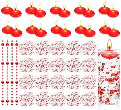 Fumete 40 Pcs Red Wedding Floating Candles Pearl Strings for Centerpieces Small Unscented Floating Wedding Candles Vase Fillers Table Decoration for Anniversary Birthday Engagement Home Decor